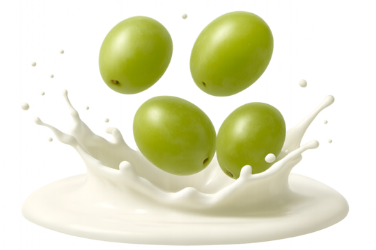 Fresh green grapes splashing into milk isolated on transparent background 