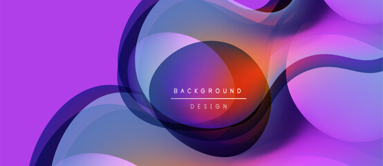 Abstract flowing shapes, purple hues dominate. Center features text background design. Gradient colors create dynamic visual effect.