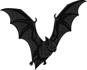 Create a Black bat flying isolated PNG nocturnal animal for Halloween and horror themes, spooky creature vector art with white background..