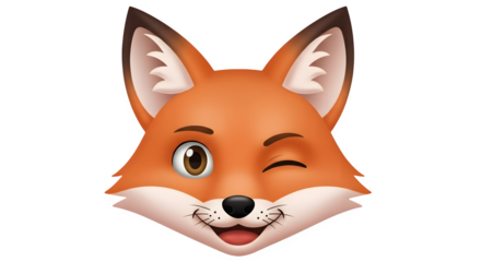 Cute cartoon fox face with a playful wink isolated on transparent background
