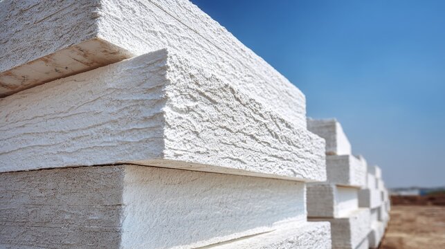 Close-up of white insulation foam panels for thermal insulation. Expanded polystyrene PPS plates used in construction site for masonry walls, facade. Stacked styrofoam sheets for plasterboard.