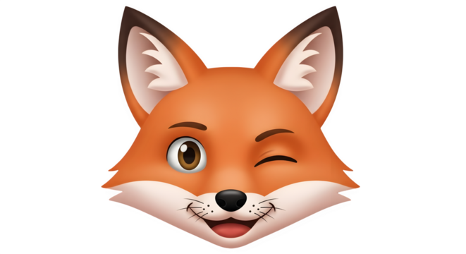 Cute cartoon fox face with a playful wink isolated on transparent background
