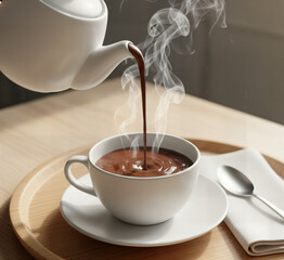 Thick hot chocolate is slowly poured into the white cup.
