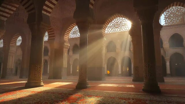 Sunlight streaming through arched windows into a grand mosque interior with numerous columns and patterned carpets.