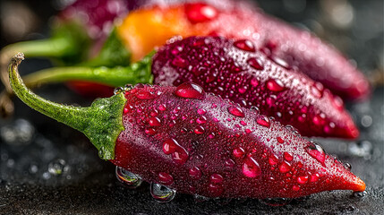 Close-up of vibrant red chili peppers with water droplets on a dark surface