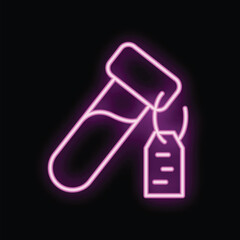 Glowing neon icon of a test tube with a price tag attached, symbolizing the cost of medical tests and healthcare expenses