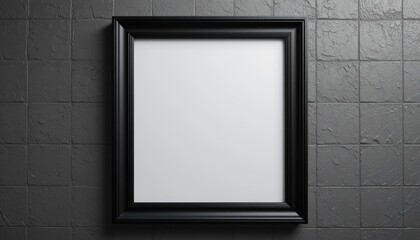 A blank black-framed picture frame mounted on a textured gray wall. The frame is empty, providing a minimalist aesthetic.