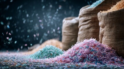 Colorful shredded plastic waste scattered around burlap sacks. Recycling plant factory shows plastic recycling process. Waste sorting, environmental protection, pollution reduction topics visualized.