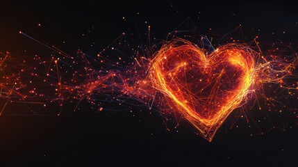Abstract heart shape composed of glowing particles and lines on dark background.
