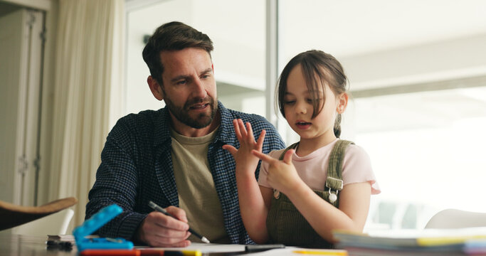 Homework, counting and dad with girl in home for maths lesson, learning and help with activity. Family, numeracy and father with child, books and education for studying and numbers on hands in house