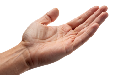 Close-up of an open human hand extended forward with empty palm, symbolizing asking, offering, receiving, support, care, connection, gesture, communication, request, and human interaction.