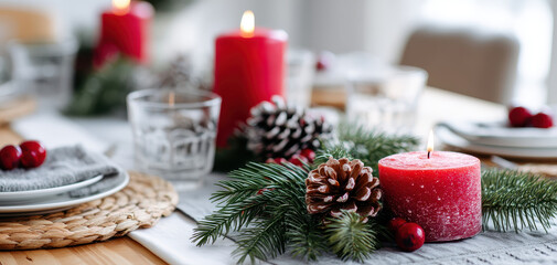 Beautifully arranged table setting features red candles, pinecones, and festive greenery, creating warm atmosphere perfect for thanksgiving and christmas celebrations