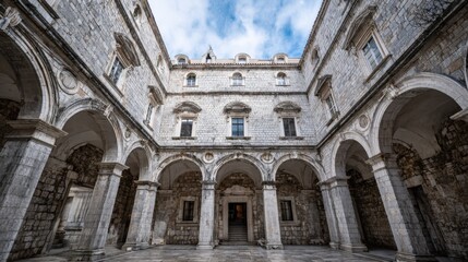 Architectural Grandeur: Captivating Courtyard View of a Historic European Building with Stone Arches and Walls