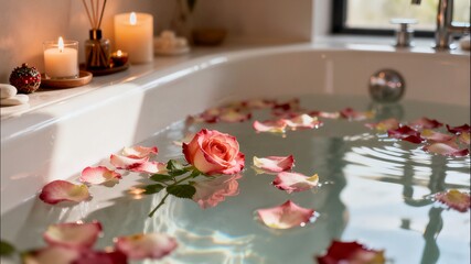 A relaxing bath is prepared with warm water, floating rose petals, and a single pink rose, complemented by soft candlelight in a spa setting.