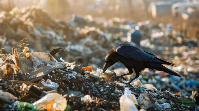 Black crow standing on a pile of mixed plastic and paper waste in a landfill, environmental pollution concept.