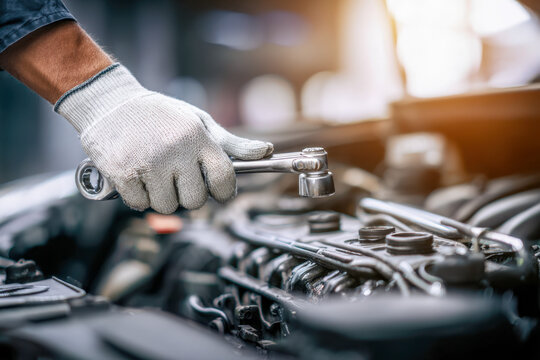 Technician wearing protective gloves repairing car engine using a ratchet wrench in an automotive workshop with natural light shining in the background