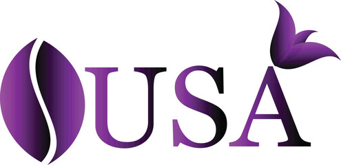Elegant purple logo featuring a stylized coffee bean and a bird, spelling out usa, isolated on transparent background a modern and eyecatching design