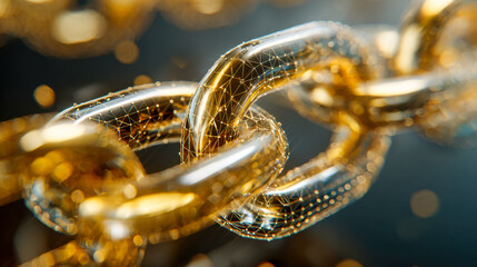 Shiny golden chain links with glowing digital network connections symbolizing strength and security in technology and communication concepts
