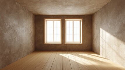 Obraz premium Empty Interior Room with Two Windows and Wooden Floor, Ready for Renovation or New Design