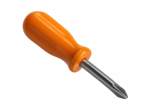 Phillips head screwdriver with orange handle, a common hand tool for fixing and assembling items, transparent background