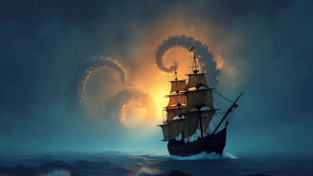 An ancient ship navigates through dark waters while facing a massive sea creature emerging from the depths amid a glowing backdrop