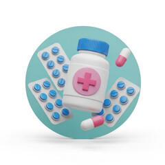 3d medicine bottle and pills isolated on transparent background