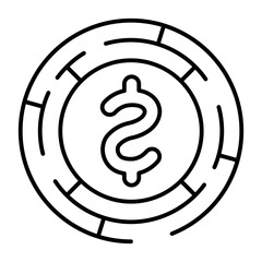 Labyrinth with currency coin thin line icon, financial tech concept. Vector graphics. Coin in circle of quest sign on white background, style icon mobile or web design.