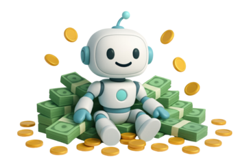 Happy robot with blue accents sitting on a pile of cash and floating gold coins money isolated on a transparent background