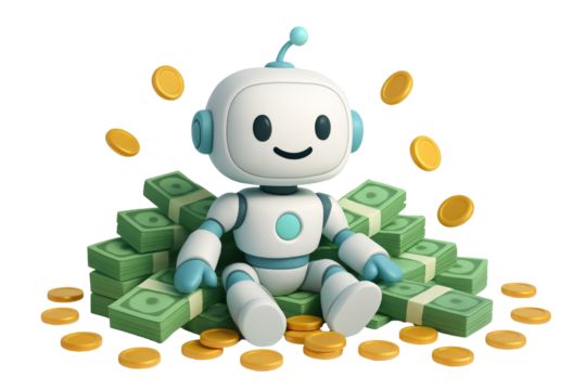 Happy robot with blue accents sitting on a pile of cash and floating gold coins money isolated on a transparent background