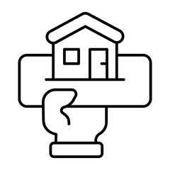 Hand and board with house thin line icon, real estate concept. Vector graphics. Cottage building mockup, funding sign on white background, style icon mobile or web design.