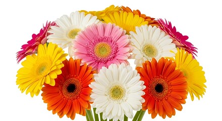 A vibrant bouquet of colorful gerbera daisies in full bloom, isolated on a white background, perfect for spring and summer themes