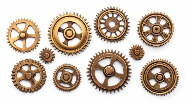 Multiple bronze gears of various sizes demonstrate intricate mechanical design and engineering principles in a clear layout