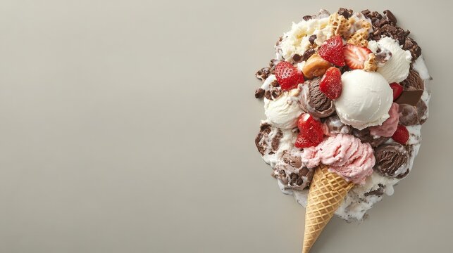 Delicious melting ice cream scoops overflowing from a waffle cone with fresh strawberries chocolate and cookie pieces on clean background. - Powered by Adobe
