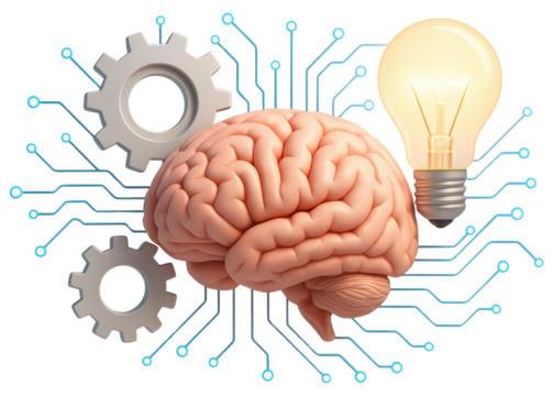 Human Brain Connected by Circuitry with Gears and a Light Bulb circuit board wires isolated on a transparent background - Powered by Adobe