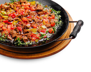Savory beef stir fry with colorful vegetables served in a skillet