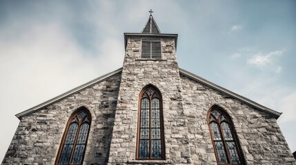 Historic Stone Church with Gothic Windows and Steeple against a Dramatic Sky