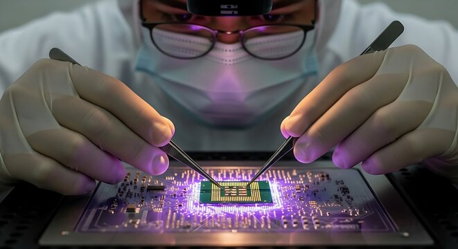 Closeup of a scientist in a lab coat and mask examining a microchip with tweezers and magnification - Powered by Adobe