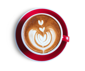 Top view of Hot coffee cappuccino latte art with small heart design in cup on red plate isolated on transparent background or png file.