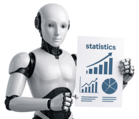 Humanoid robot holding a paper with statistics charts and graphs artificial intelligence technology isolated on a transparent background
