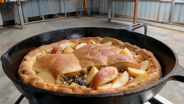 A Freshly Prepared Traditional Apple Dessert Presented in a Baking Tray Positioned Upon a Rough Textured Gray Industrial Concrete Surface