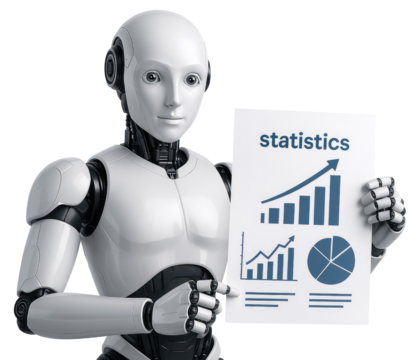 Humanoid robot holding a paper with statistics charts and graphs artificial intelligence technology isolated on a transparent background
