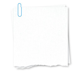 White paper note torn sheets with paperclip illustration, with shadow isolated on white or transparent background, png