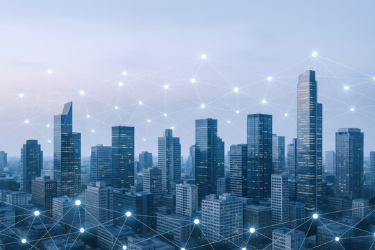 Modern Cityscape with Network Overlay: Connectivity and Urban Innovation Depicted in a Stunning Visual
