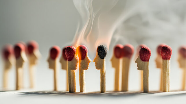 Wooden matchsticks shaped like human profiles with one burning and blackened, symbolizing stress and burnout among a group of individuals in a social setting