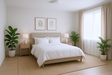 Serene and Minimalist Bedroom Interior with Natural Light, Neutral Tones, and Green Plants for a Calm and Relaxing Atmosphere