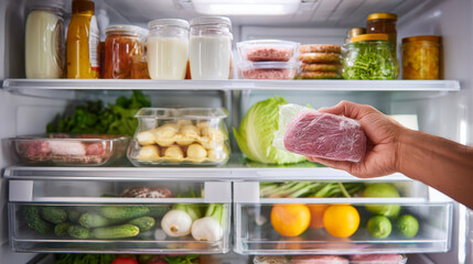 Hand placing wrapped raw meat inside a well-stocked refrigerator filled with fresh vegetables, jars, and dairy products for a healthy meal preparation at home