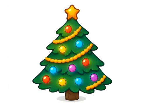 Christmas tree decorated with colorful lights and yellow star on top holiday illustration