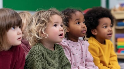 A group of diverse children sits together in a bright classroom, their eyes wide with curiosity as they focus intently on a lesson. Each child shows different expressions, reflecting their engagement