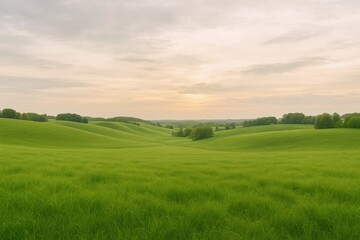 Obraz premium Rolling Green Hills Landscape Under a Serene Sky: Expansive Meadow with Distant Trees at Sunset