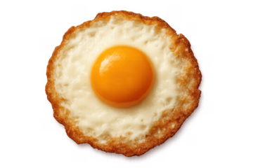 Fried egg with crispy edges and vibrant yolk, isolated on a transparent background, depicting breakfast food and protein
